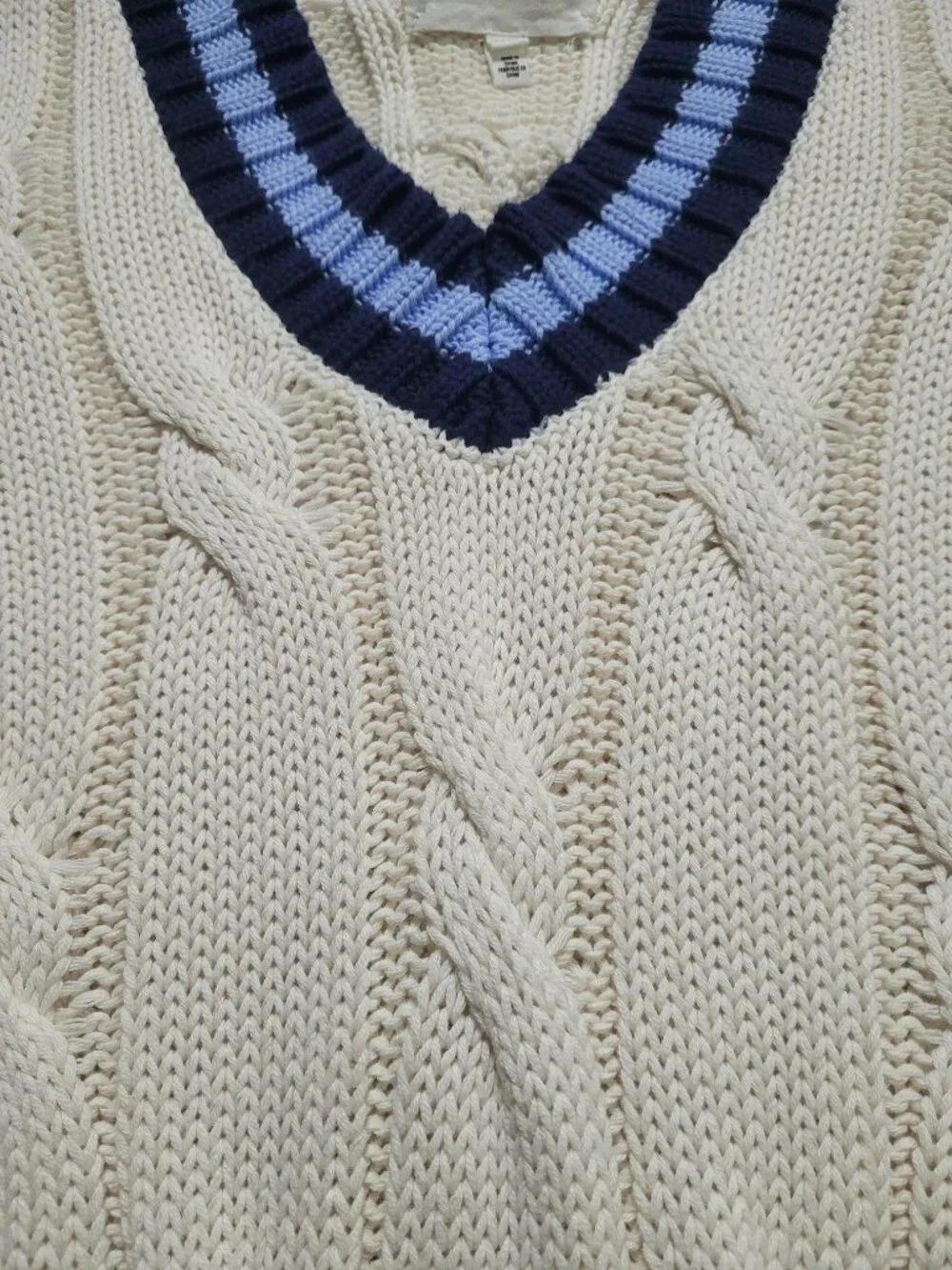 Aerie Striped V Neck Cable Knit Tennis Sweater Ivory Blue XSmall Preppy FLAW